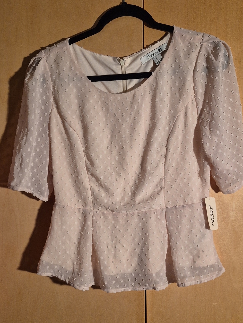 Forever 21 Ivory Peplum Swiss Dot Short Sleeve Top